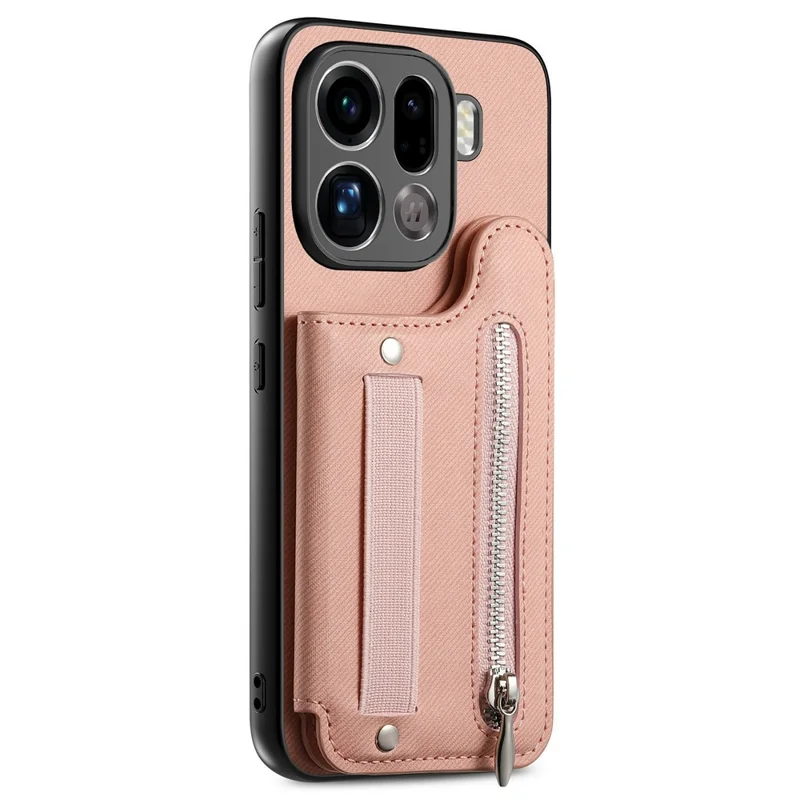 For Oppo Find X9 Pro 5G Case RFID Blocking Card Holder Jeans Cloth Texture Leather Back Cover with Elastic Wristband - Pink