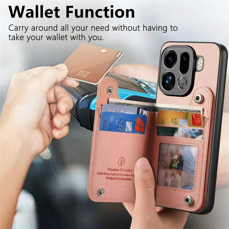 For Oppo Find X9 Pro 5G Case RFID Blocking Card Holder Jeans Cloth Texture Leather Back Cover with Elastic Wristband - Pink