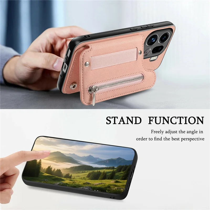 For Oppo Find X9 Pro 5G Case RFID Blocking Card Holder Jeans Cloth Texture Leather Back Cover with Elastic Wristband - Pink
