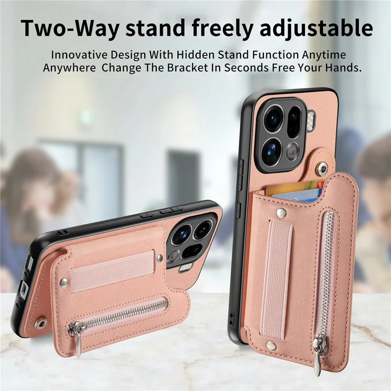 For Oppo Find X9 Pro 5G Case RFID Blocking Card Holder Jeans Cloth Texture Leather Back Cover with Elastic Wristband - Pink