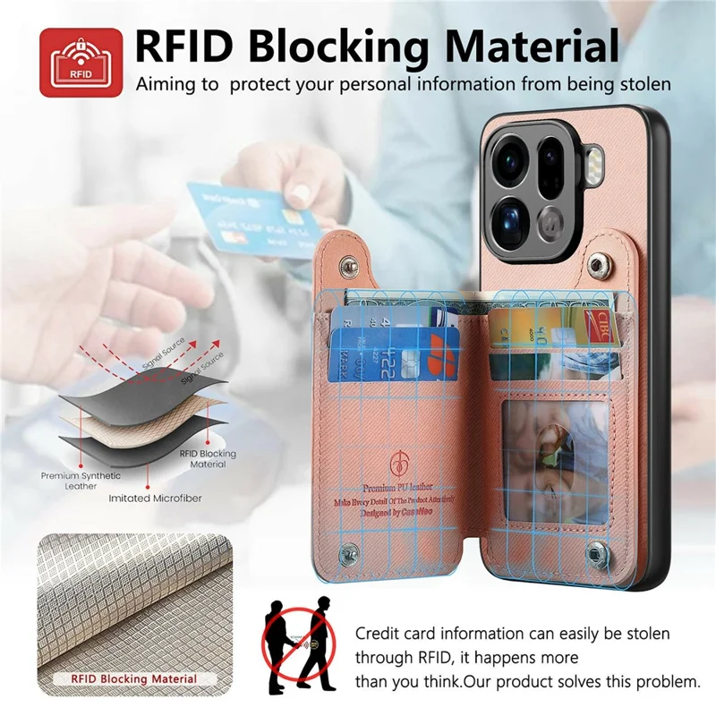 For Oppo Find X9 Pro 5G Case RFID Blocking Card Holder Jeans Cloth Texture Leather Back Cover with Elastic Wristband - Pink