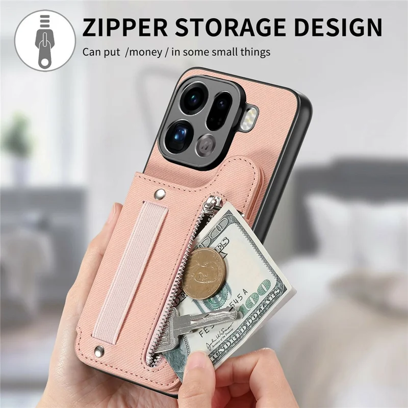 For Oppo Find X9 Pro 5G Case RFID Blocking Card Holder Jeans Cloth Texture Leather Back Cover with Elastic Wristband - Pink