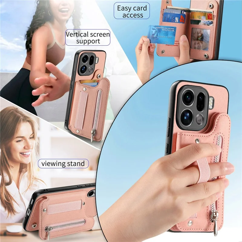 For Oppo Find X9 Pro 5G Case RFID Blocking Card Holder Jeans Cloth Texture Leather Back Cover with Elastic Wristband - Pink