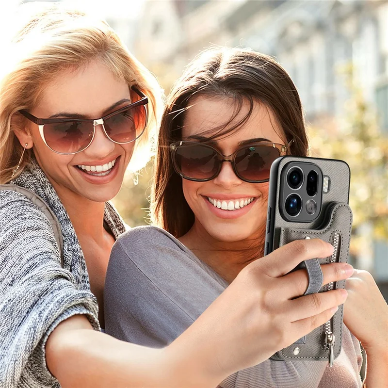 Obudowa do Oppo Find X9 Pro 5G z blokadą RFID, etui na karty, tyłem z tkaniny jeansowej i elastycznym opaską na nadgarstek - Szary