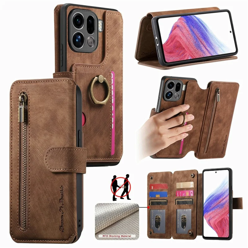 For Oppo Find X9 Pro 5G Leather Phone Back Cover with RFID Blocking Zipper Wallet Kickstand - Brown