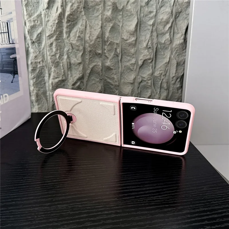 Магнитный чехол для Samsung Galaxy Z Flip7 5G с поворотной подставкой, ромбовидная текстура, кожа PU + поликарбонат, складной чехол — розовый