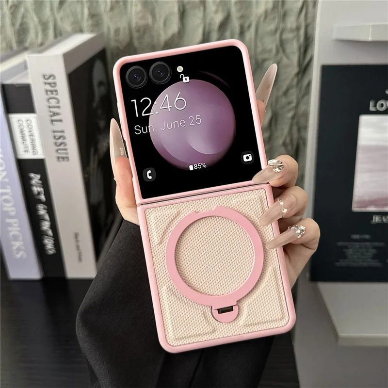 Магнитный чехол для Samsung Galaxy Z Flip7 5G с поворотной подставкой, ромбовидная текстура, кожа PU + поликарбонат, складной чехол — розовый