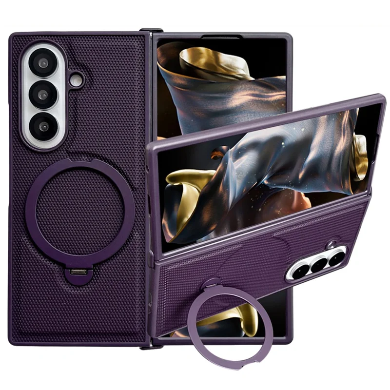 For Samsung Galaxy Z Fold7 5G Magnetic Case Rotating Kickstand Rhombus Leather + PC Foldable Phone Cover - Dark Purple
