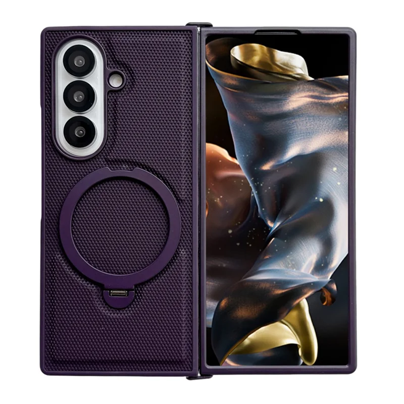For Samsung Galaxy Z Fold7 5G Magnetic Case Rotating Kickstand Rhombus Leather + PC Foldable Phone Cover - Dark Purple