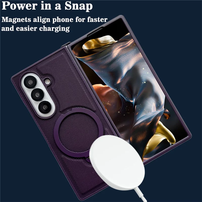 For Samsung Galaxy Z Fold7 5G Magnetic Case Rotating Kickstand Rhombus Leather + PC Foldable Phone Cover - Dark Purple