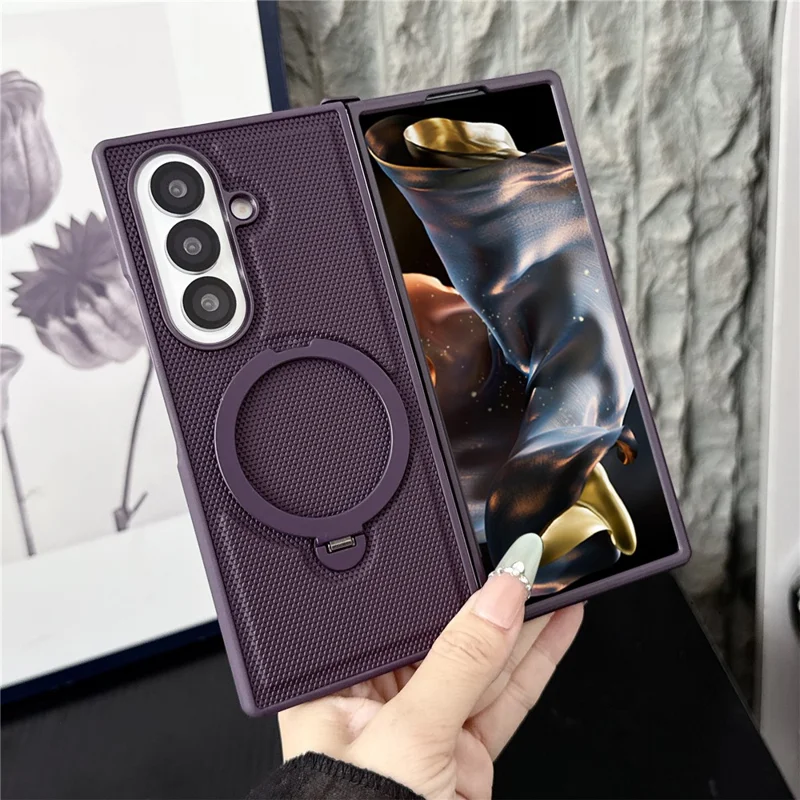 For Samsung Galaxy Z Fold7 5G Magnetic Case Rotating Kickstand Rhombus Leather + PC Foldable Phone Cover - Dark Purple
