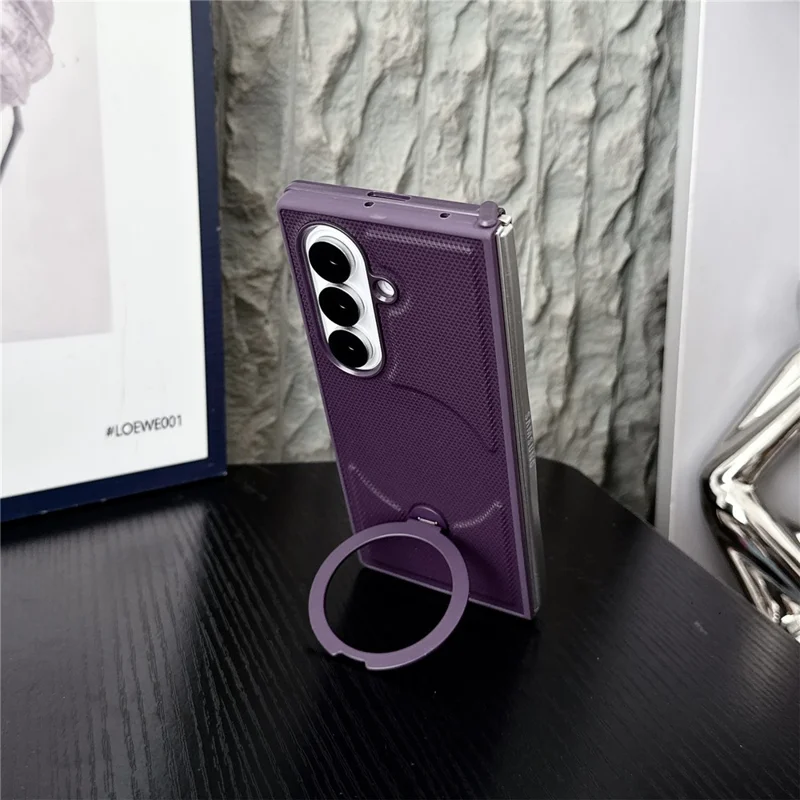 For Samsung Galaxy Z Fold7 5G Magnetic Case Rotating Kickstand Rhombus Leather + PC Foldable Phone Cover - Dark Purple