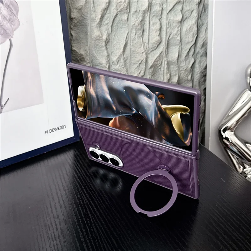 For Samsung Galaxy Z Fold7 5G Magnetic Case Rotating Kickstand Rhombus Leather + PC Foldable Phone Cover - Dark Purple