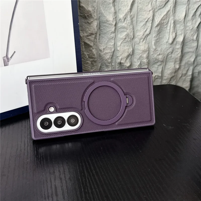 For Samsung Galaxy Z Fold7 5G Magnetic Case Rotating Kickstand Rhombus Leather + PC Foldable Phone Cover - Dark Purple