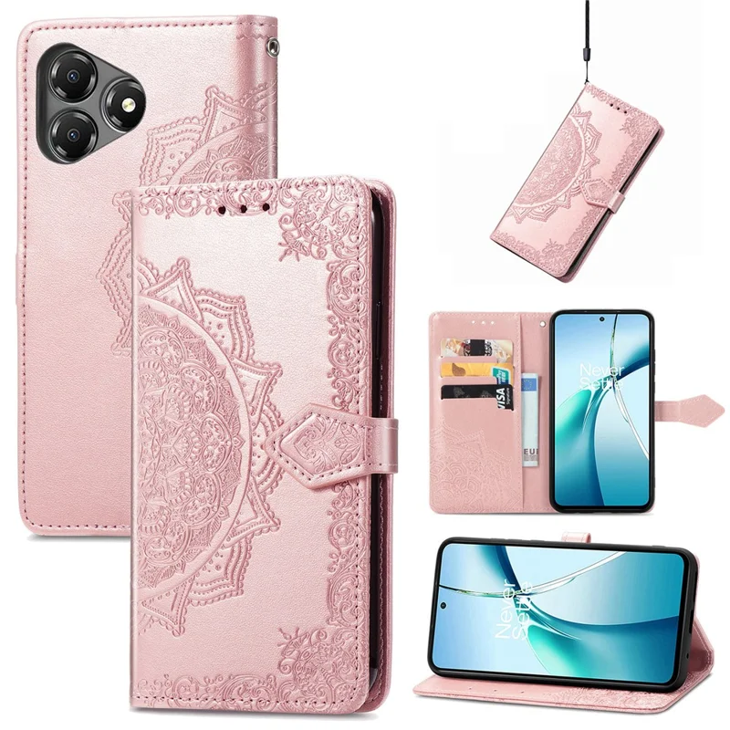 For ZTE Blade A36 Case Wallet Mandala Flower Leather Phone Cover Stand View - Rose Gold