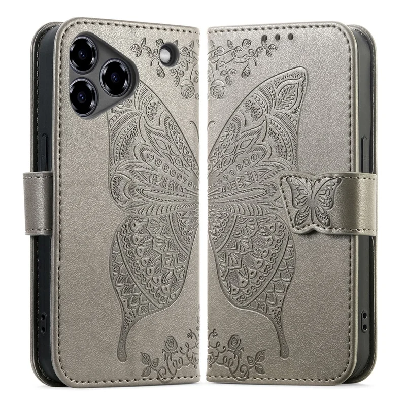 For ZTE Blade A76 4G Case with Strap Butterfly Pattern PU Leather Wallet Phone Cover - Grey