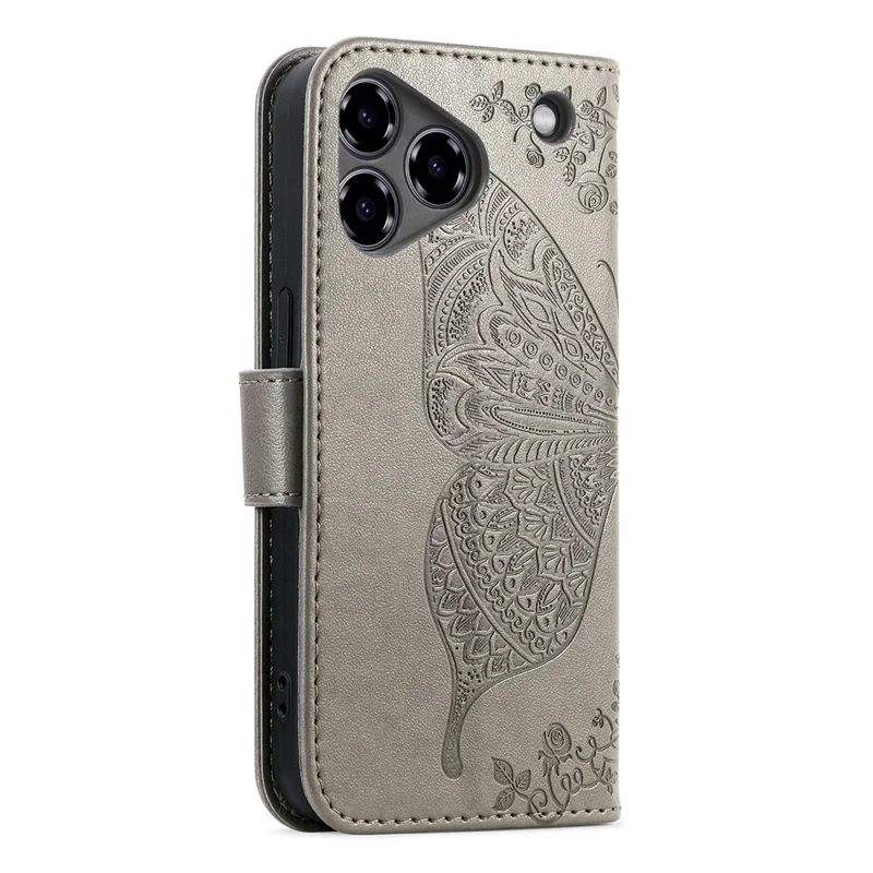 For ZTE Blade A76 4G Case with Strap Butterfly Pattern PU Leather Wallet Phone Cover - Grey