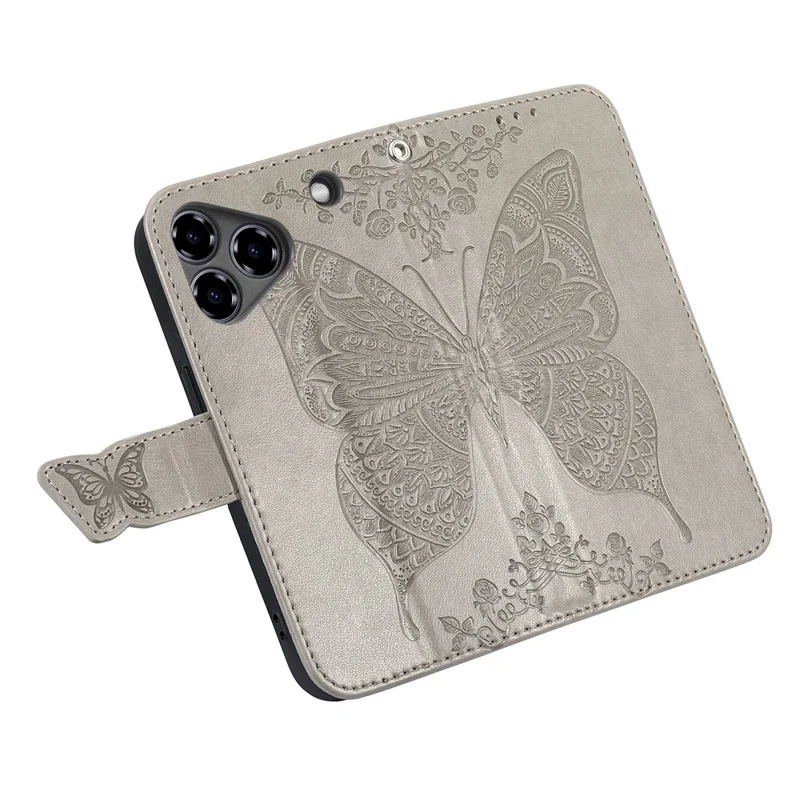 For ZTE Blade A76 4G Case with Strap Butterfly Pattern PU Leather Wallet Phone Cover - Grey