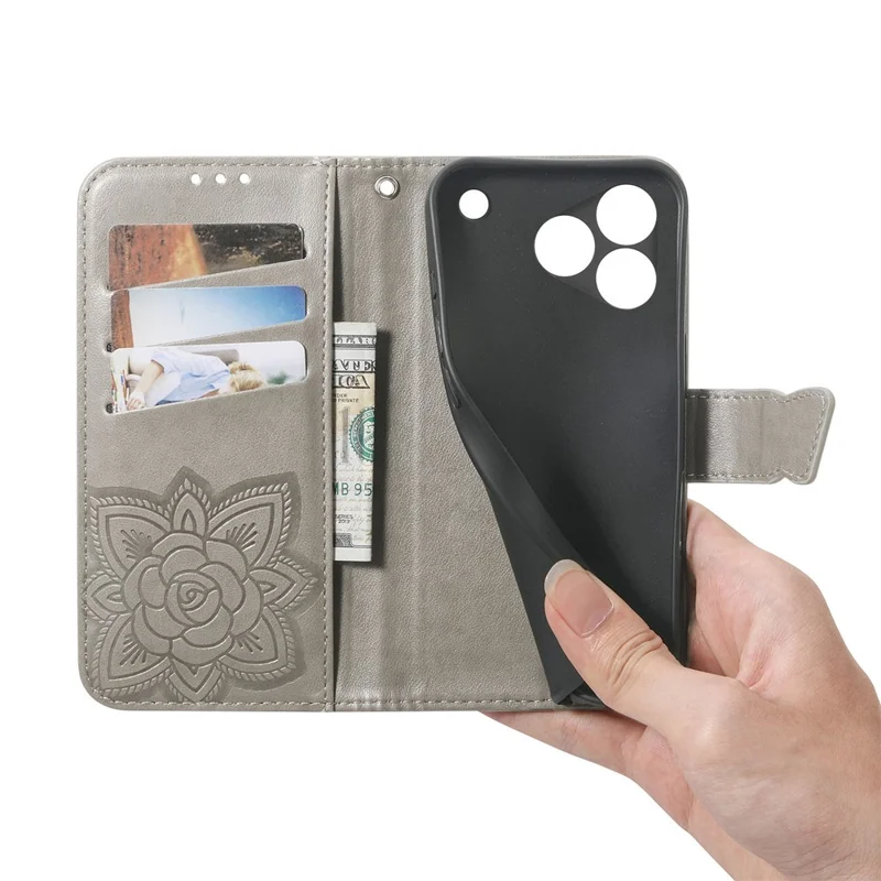 For ZTE Blade A76 4G Case with Strap Butterfly Pattern PU Leather Wallet Phone Cover - Grey