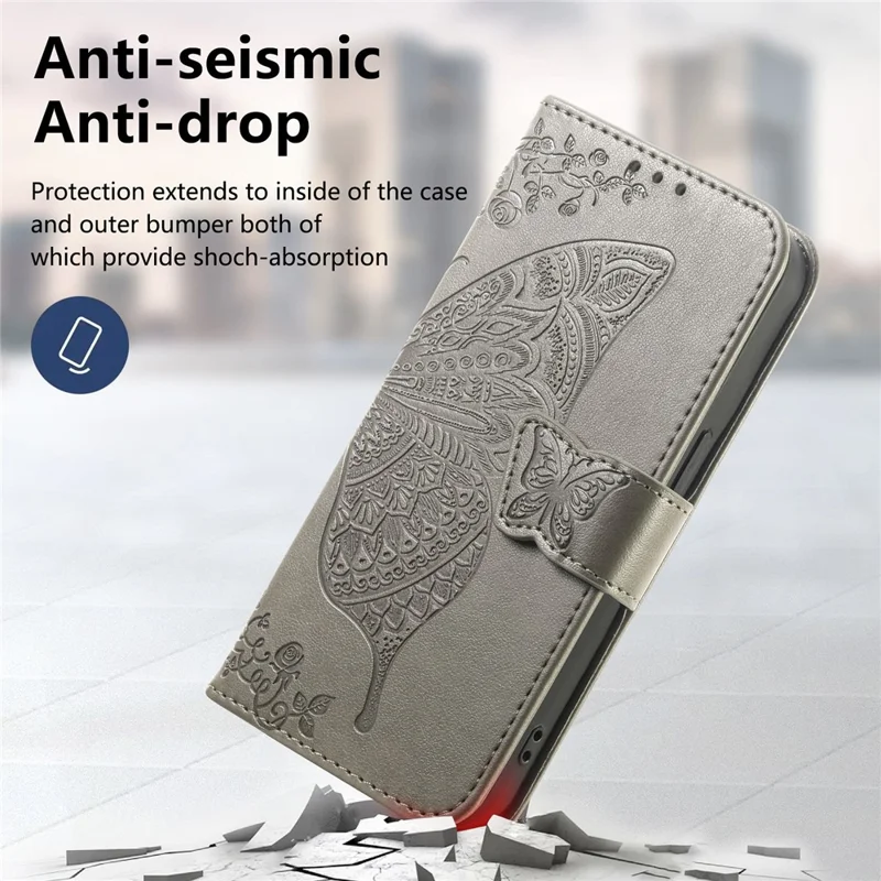 For ZTE Blade A76 4G Case with Strap Butterfly Pattern PU Leather Wallet Phone Cover - Grey