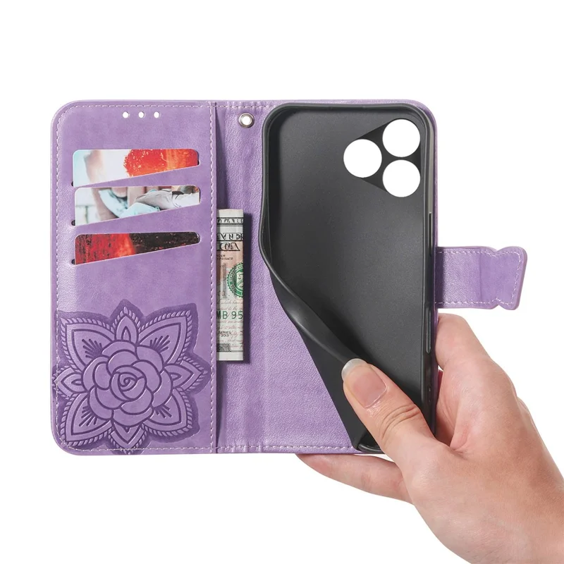 Capa para ZTE Blade A36 com Alça, Estampa de Borboleta, Carteira em Couro PU - Roxo Claro