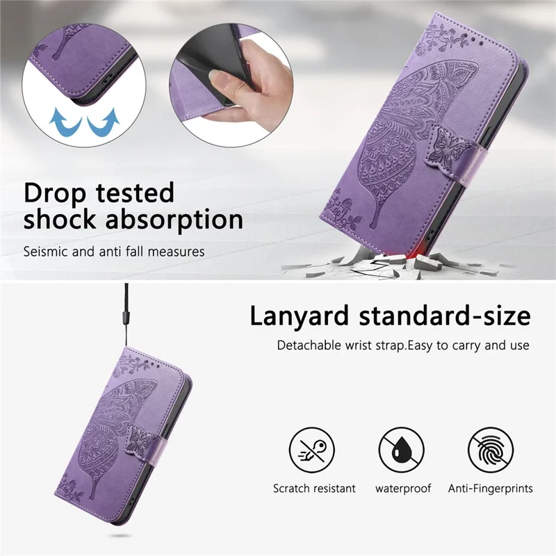 Capa para ZTE Blade A36 com Alça, Estampa de Borboleta, Carteira em Couro PU - Roxo Claro