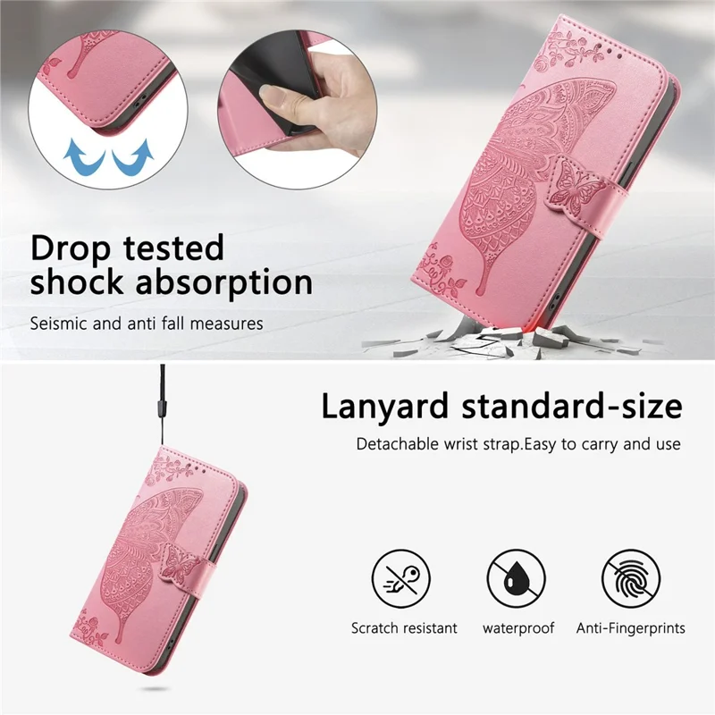 Funda para ZTE Blade A36 con correa, diseño de mariposa, funda tipo cartera de cuero PU - Rosa