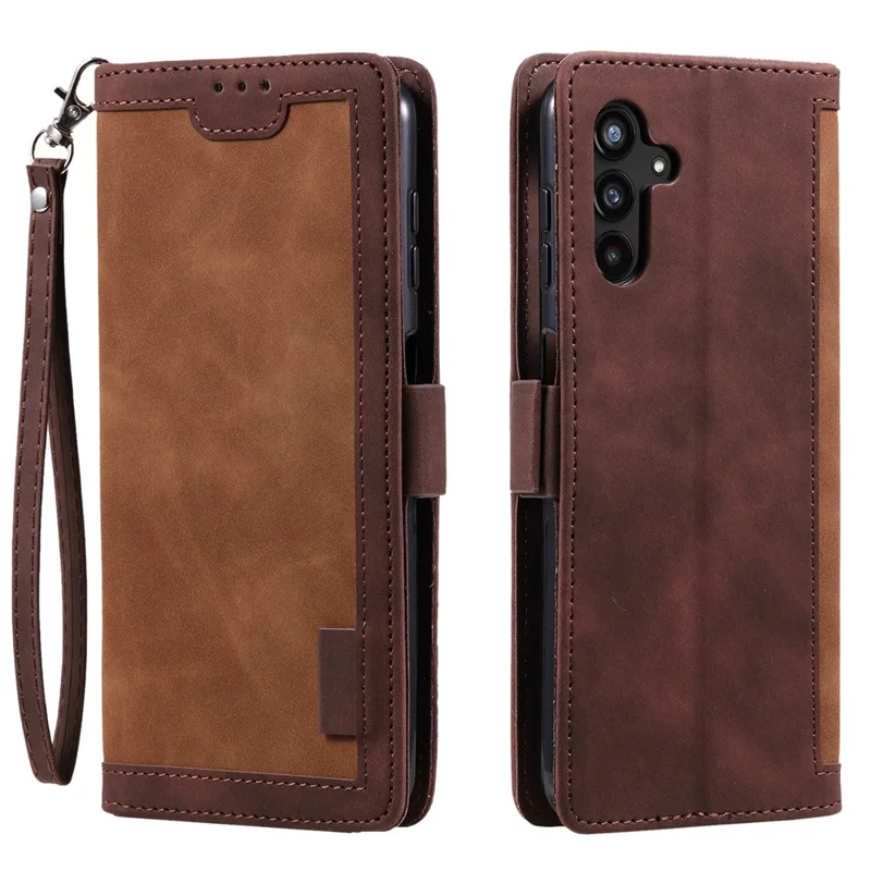 For Samsung Galaxy A27 Case RFID Blocking Wallet Stand Leather Phone Cover with Wrist Strap - Brown