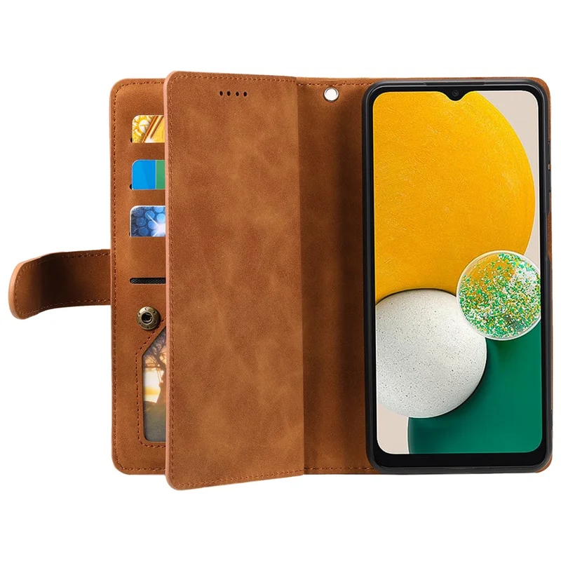 For Samsung Galaxy A27 Case 9 Card Slots Zipper Wallet PU Leather Phone Cover with Wrist Strap - Brown