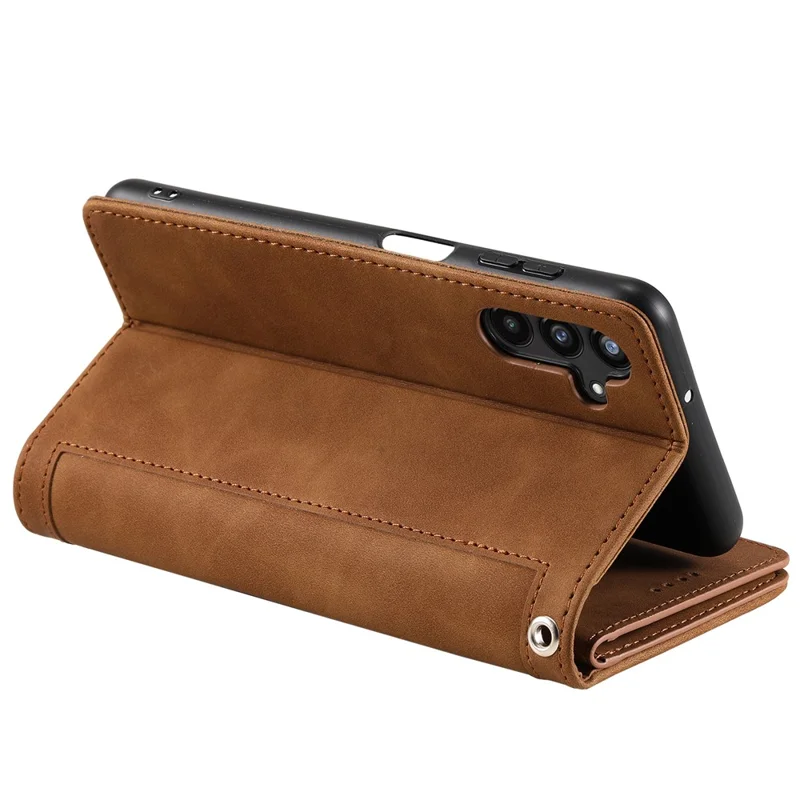 For Samsung Galaxy A27 Case 9 Card Slots Zipper Wallet PU Leather Phone Cover with Wrist Strap - Brown
