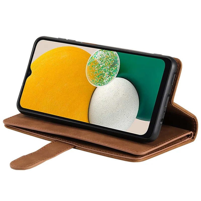 For Samsung Galaxy A27 Case 9 Card Slots Zipper Wallet PU Leather Phone Cover with Wrist Strap - Brown