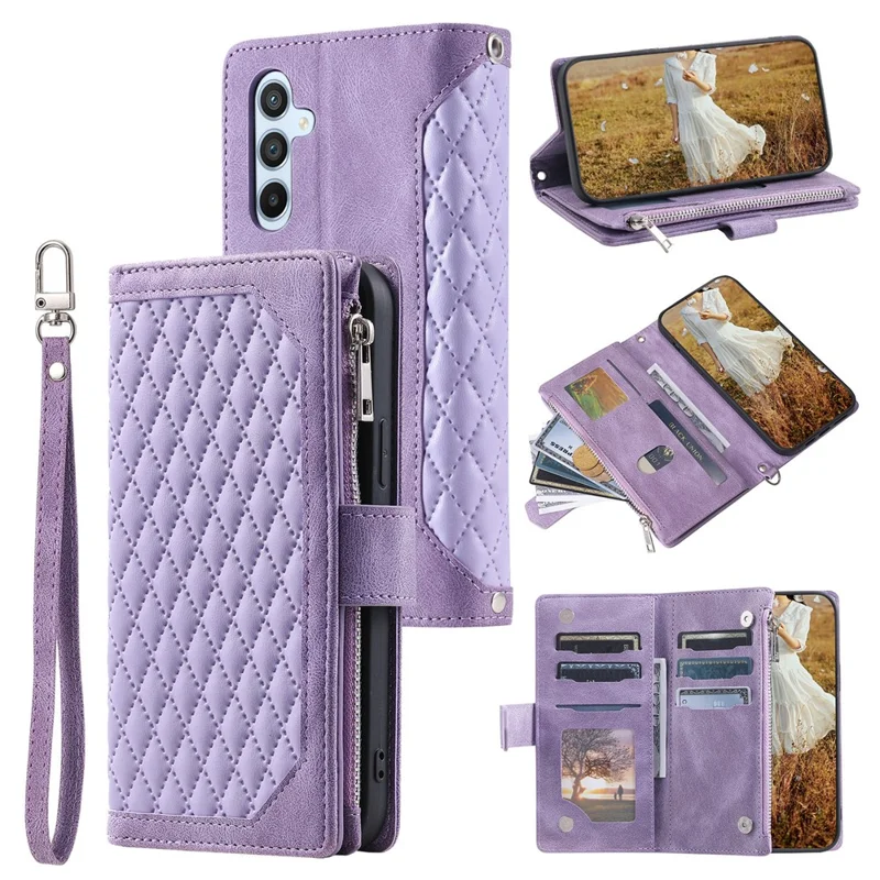 For Samsung Galaxy A27 Wallet Case Rhombus Stitching Line PU Leather Phone Cover with Wrist Strap - Purple