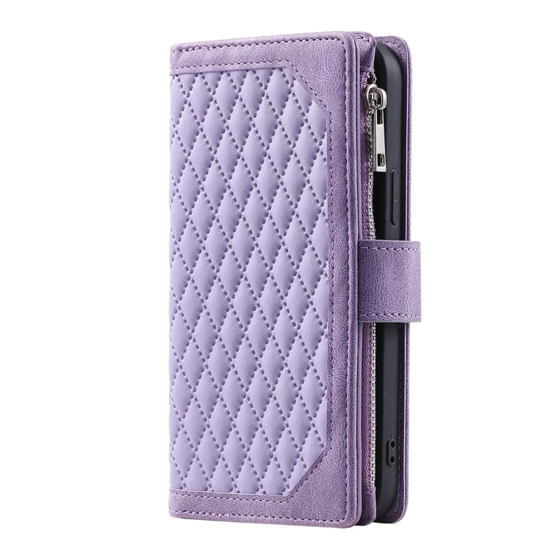 For Samsung Galaxy A27 Wallet Case Rhombus Stitching Line PU Leather Phone Cover with Wrist Strap - Purple