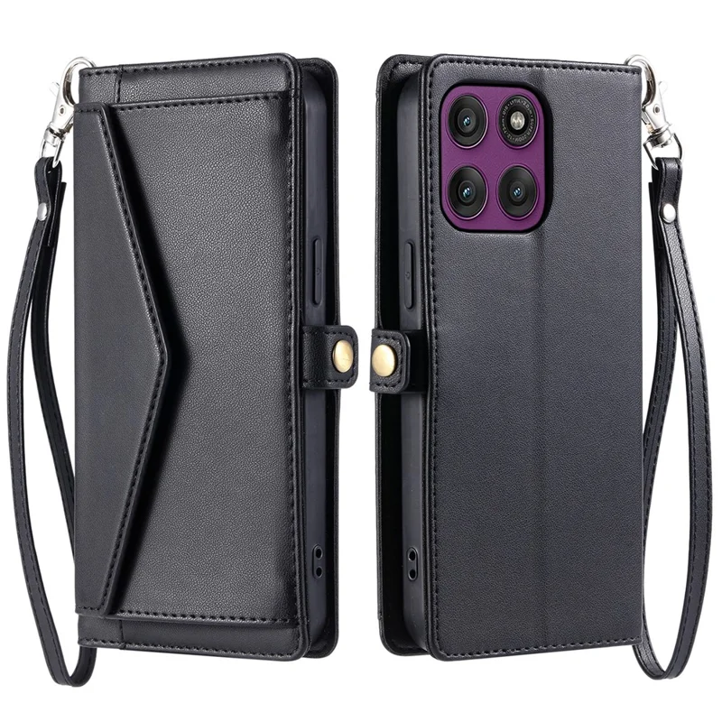For Motorola Edge 70 5G Leather Case with Wrist Strap Wallet Stand Phone Cover - Black