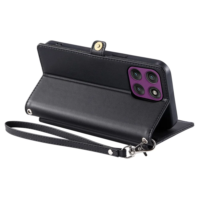 For Motorola Edge 70 5G Leather Case with Wrist Strap Wallet Stand Phone Cover - Black