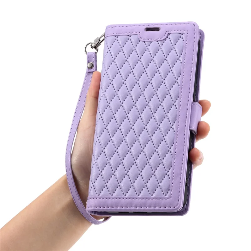 For Motorola Edge 70 5G Leather Case Rhombus Texture Wallet Stand Phone Cover with Wrist Strap - Purple
