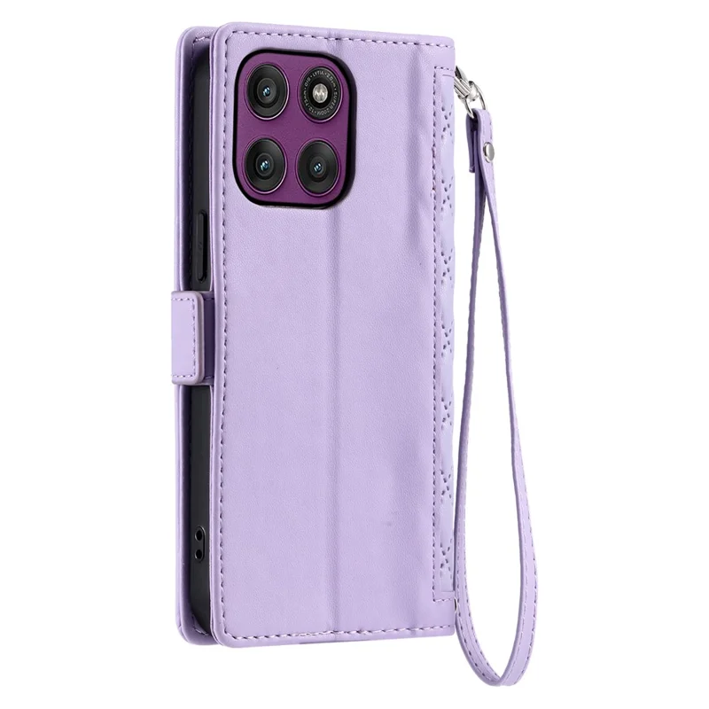 For Motorola Edge 70 5G Leather Case Rhombus Texture Wallet Stand Phone Cover with Wrist Strap - Purple