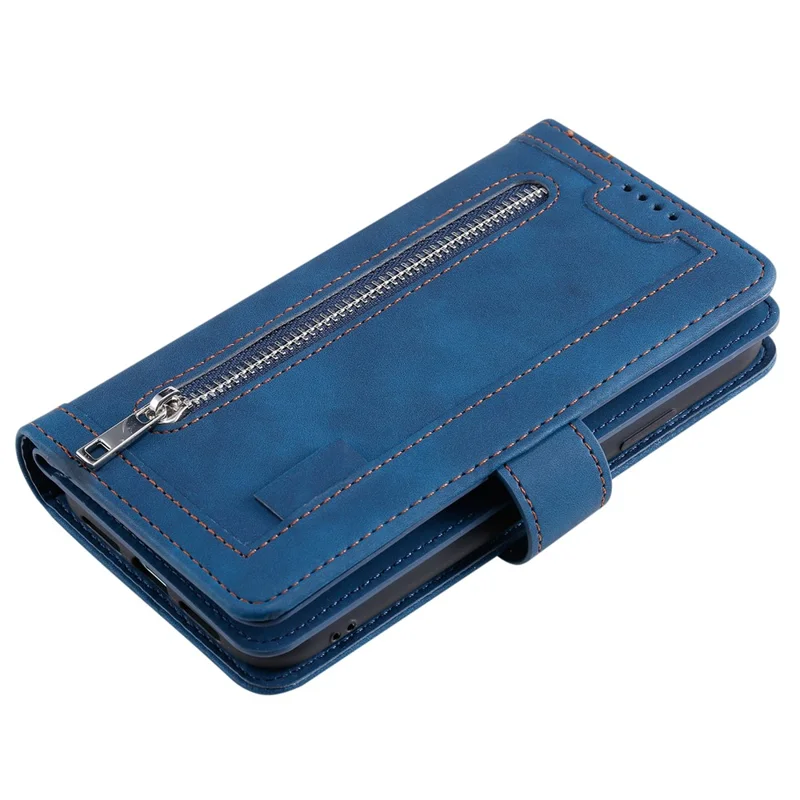 For Motorola Edge 70 5G Case 9 Card Slots Zipper Wallet PU Leather Phone Cover with Wrist Strap - Blue