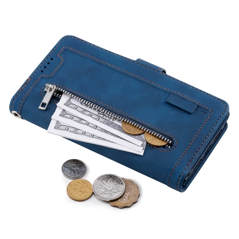 For Motorola Edge 70 5G Case 9 Card Slots Zipper Wallet PU Leather Phone Cover with Wrist Strap - Blue
