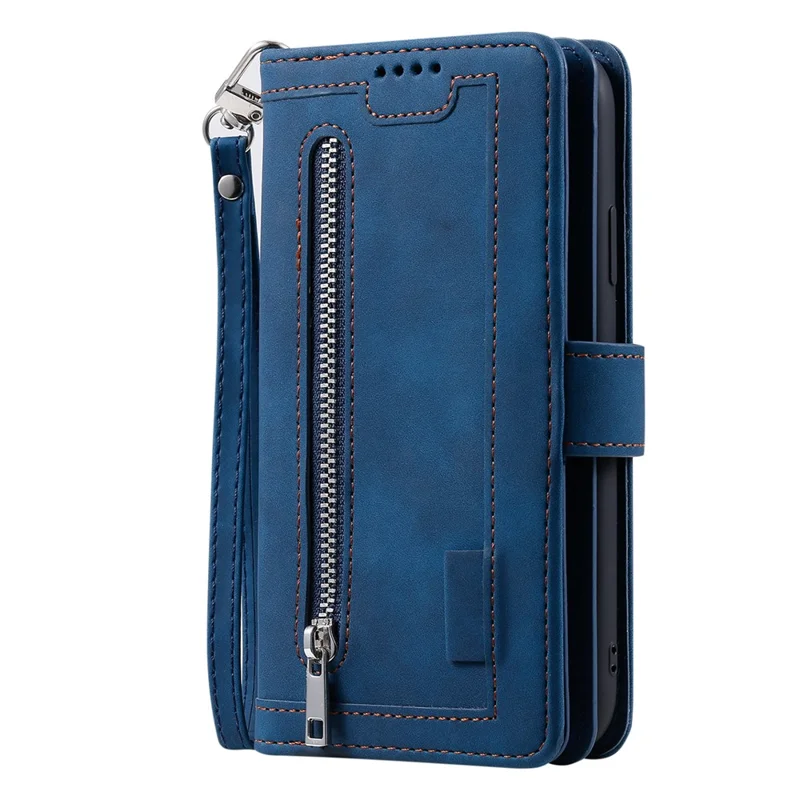 For Motorola Edge 70 5G Case 9 Card Slots Zipper Wallet PU Leather Phone Cover with Wrist Strap - Blue