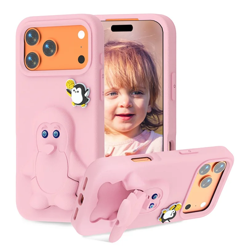 For iPhone 17 Pro Max Hoesje Pinguïn Ontwerp met Standaard Stootvaste EVA Telefoonhoes - Roze