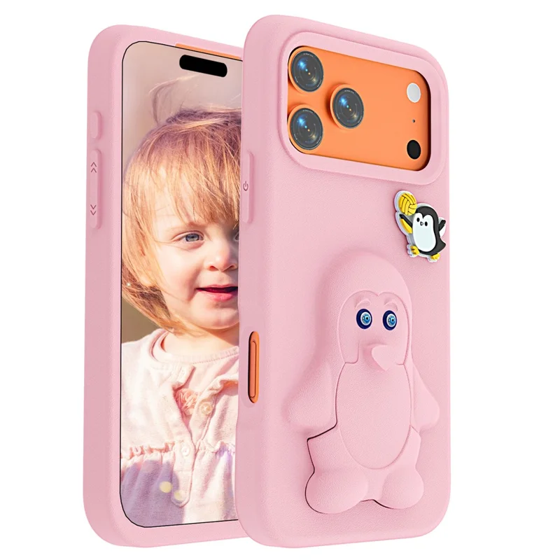 For iPhone 17 Pro Max Hoesje Pinguïn Ontwerp met Standaard Stootvaste EVA Telefoonhoes - Roze