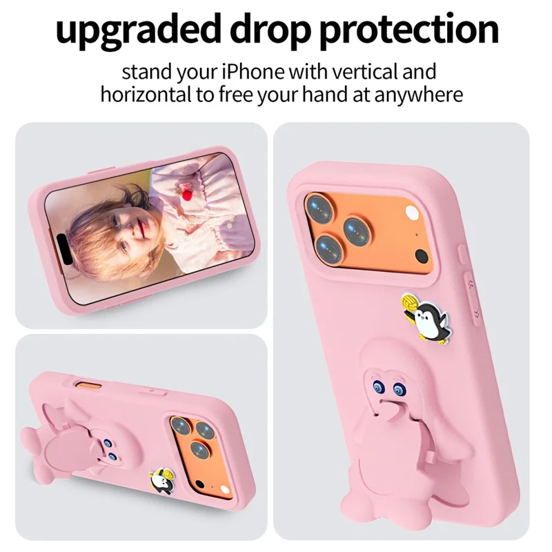 For iPhone 17 Pro Max Hoesje Pinguïn Ontwerp met Standaard Stootvaste EVA Telefoonhoes - Roze