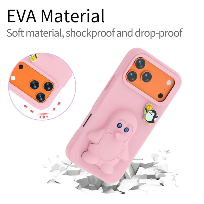 For iPhone 17 Pro Max Hoesje Pinguïn Ontwerp met Standaard Stootvaste EVA Telefoonhoes - Roze