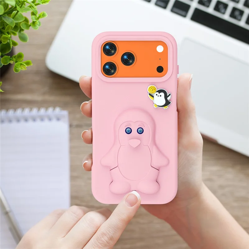 For iPhone 17 Pro Max Hoesje Pinguïn Ontwerp met Standaard Stootvaste EVA Telefoonhoes - Roze
