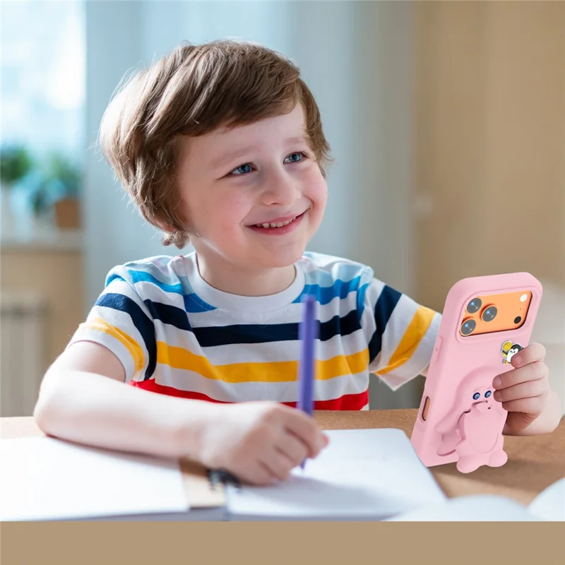 For iPhone 17 Pro Max Hoesje Pinguïn Ontwerp met Standaard Stootvaste EVA Telefoonhoes - Roze