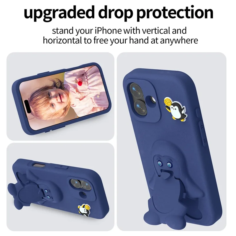 غطاء لهاتف iPhone 16 بتصميم بطريق مع حامل ومصنوع من مادة EVA مقاوم للصدمات - أزرق داكن