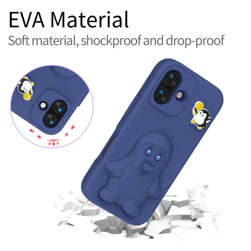 غطاء لهاتف iPhone 16 بتصميم بطريق مع حامل ومصنوع من مادة EVA مقاوم للصدمات - أزرق داكن