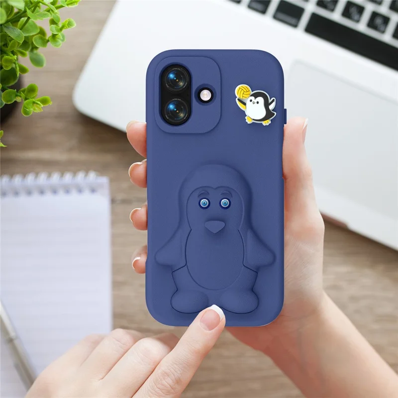 غطاء لهاتف iPhone 16 بتصميم بطريق مع حامل ومصنوع من مادة EVA مقاوم للصدمات - أزرق داكن