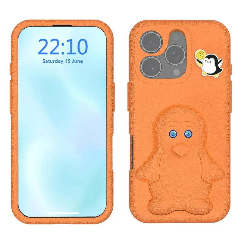 iPhone 16 Pro Hülle mit Pinguin-Design, Ständer, stoßfest, EVA-Handyhülle - Orange